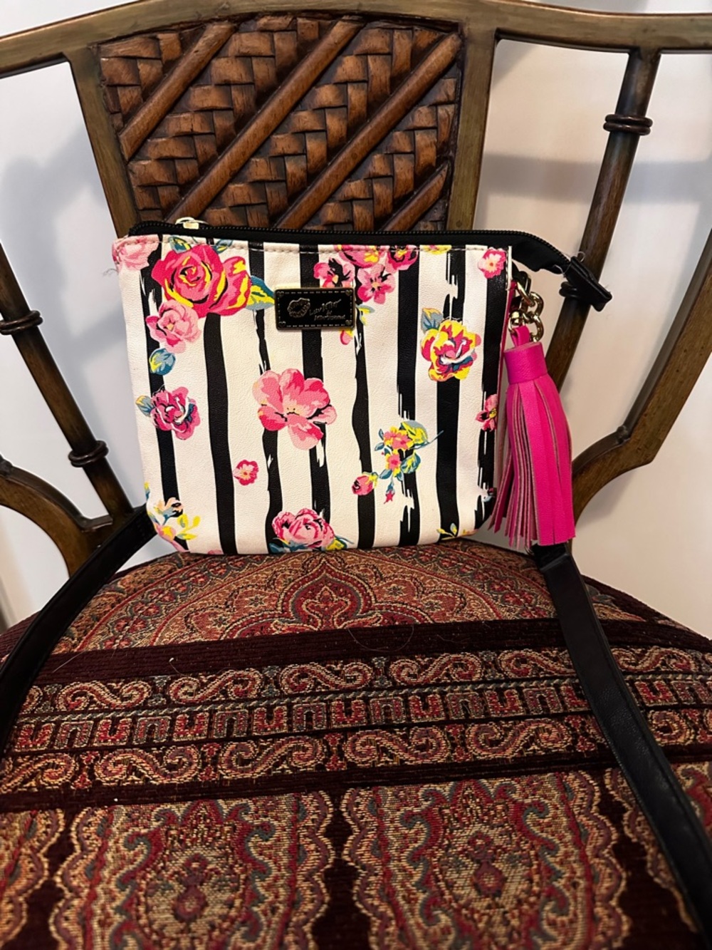 Floral Stripe Crossbody Bag in White and Pink with Tassel